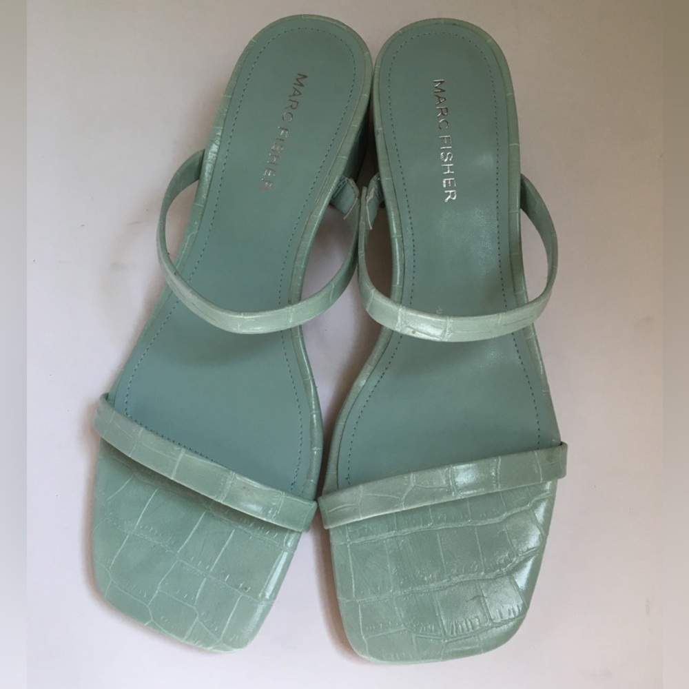 NEW Marc Fisher Slide Sandals, Low Block Heel, Light Turquoise, Size 7M